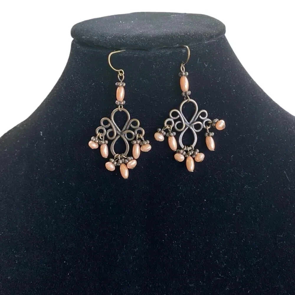 Peach  Colored Ornate Antiqued Chandelier Looking Dangle Earrings - Picture 2 of 5
